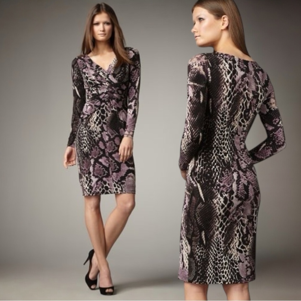 NWT David Meister purple black animal print  business casual Long Sleeve Dress 4